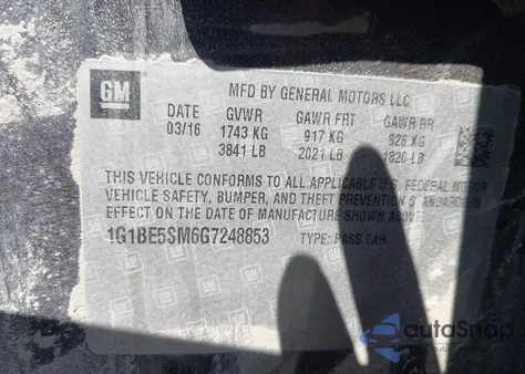 2016 Chevrolet Cruze Lt Auto z USA, uszkodzony, nr VIN 1G1BE5SM6G7248853